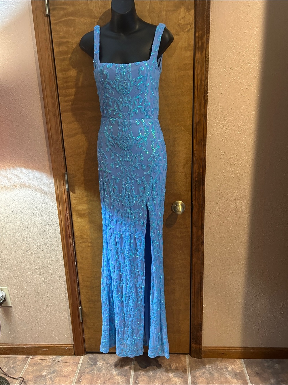 Windsor Turquoise Sequin Square-Neck Prom Gown